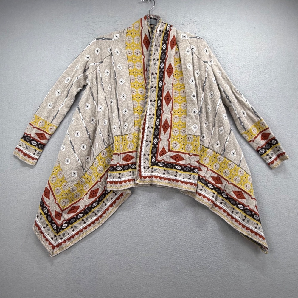 Freeway Cardigan Womens Tan Yellow Aztec Southwestern Geometric Open Front Boho